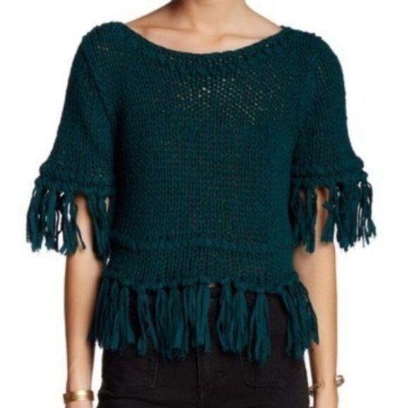 Free People Women's "On the Fringe" fringe Hem boho Knit Sweater Teal size small - Picture 2 of 8